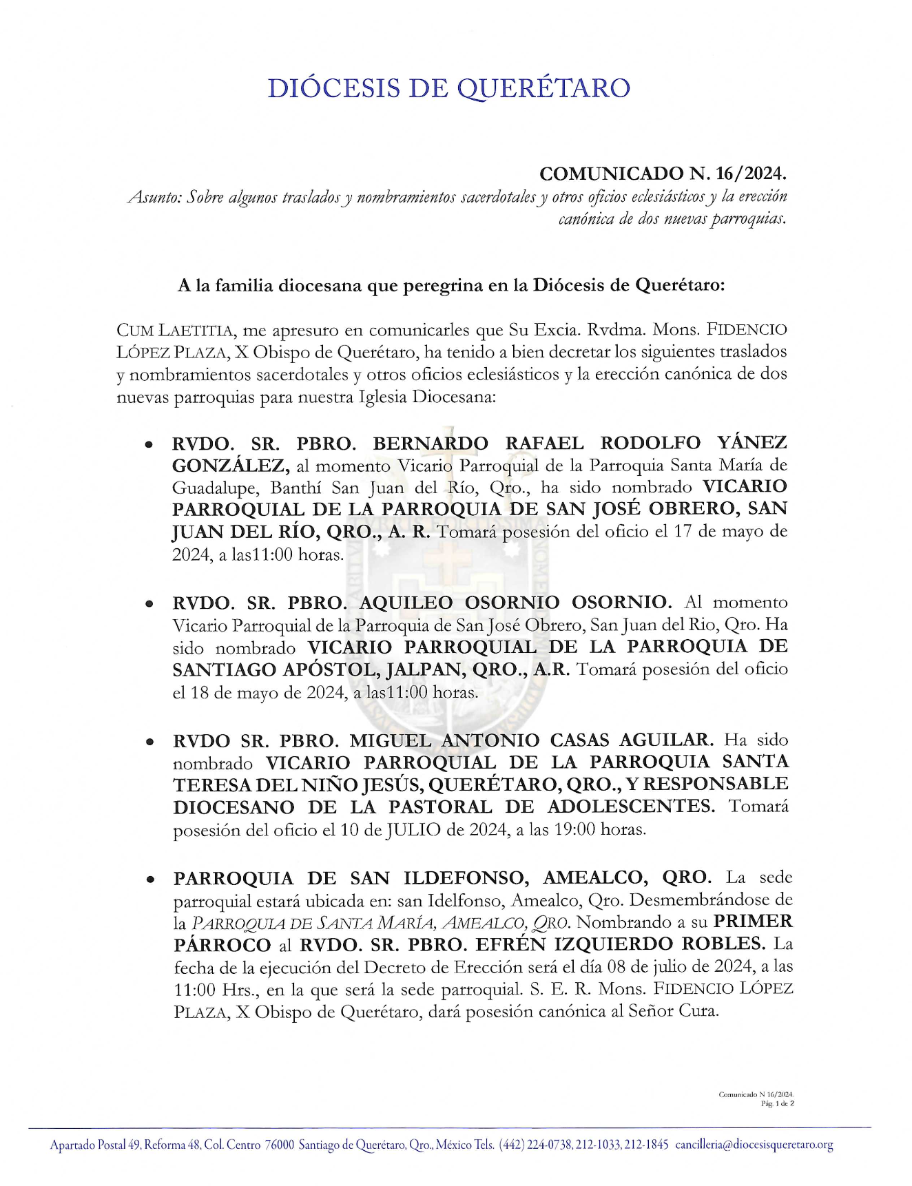 Comunicado N. 16/2024. Asunto: Sobre algunos traslados y nombramientos sacerdotales y otros oficios eclesiásticos y  al erección canónica de dos nuevas parroquias.
